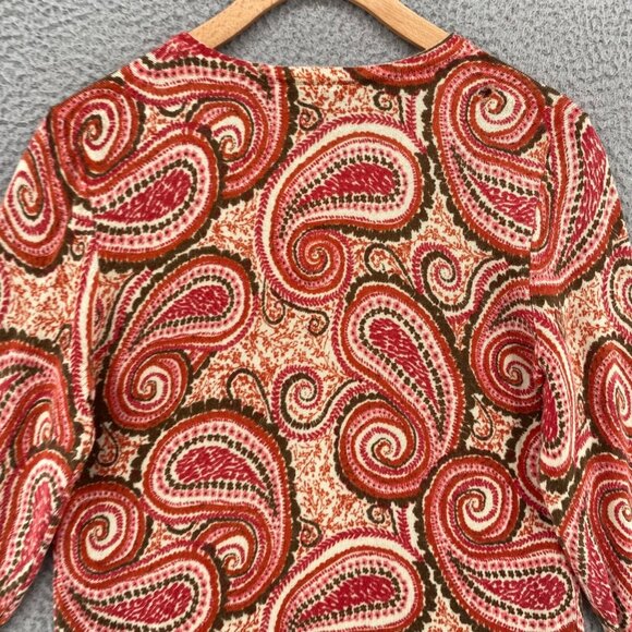 Talbots Sweater Womens Medium Petite Orange Multi Paisley Merino Wool Cardigan - Picture 4 of 11
